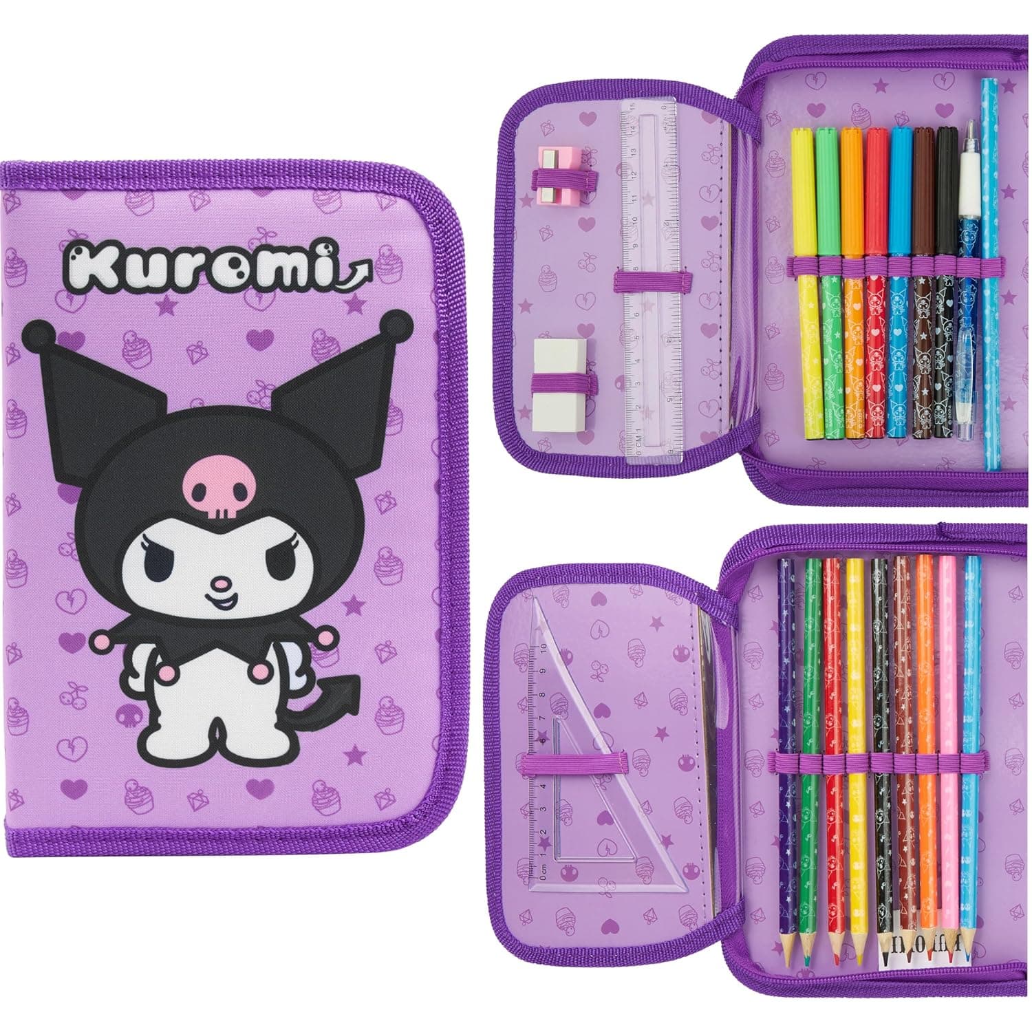 Hello Kitty Sanrio Filled Pencil Case Girls Large Capacity Stationery Set Kawaii Tweens Cute Cinnamoroll Kuromi Anime School Supplies Gifts for Her, Lilac Kuromi, 20x13.5x5cm, Kuromi 2 Compartments