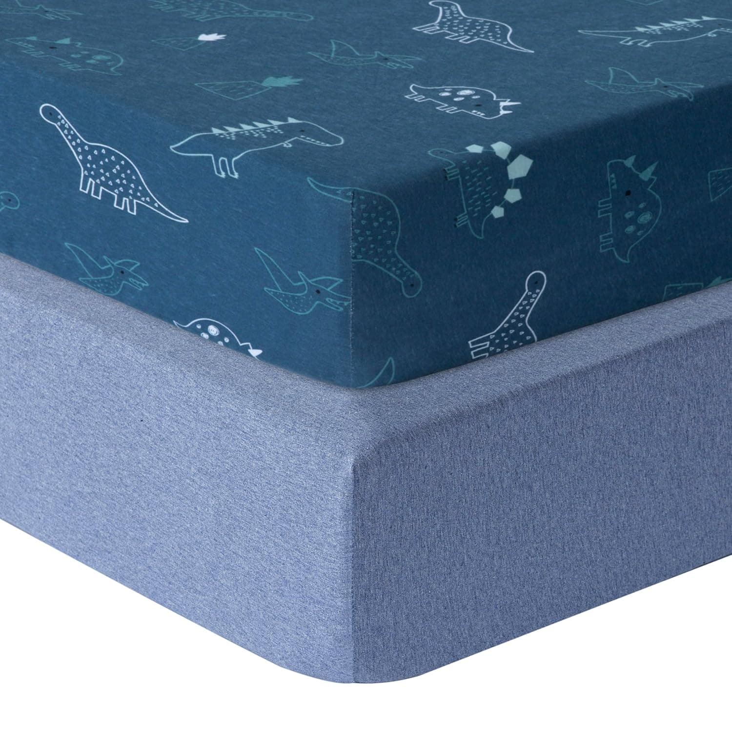 Dreamology 100% Cotton Jersey Cot Bed Sheets, Pack of 2 – Super Soft, Natural, Breathable, Easy Care, Hypoallergenic, Durable Baby Bedding for Nursery (Dino/Denim Blue, 70x140cm)