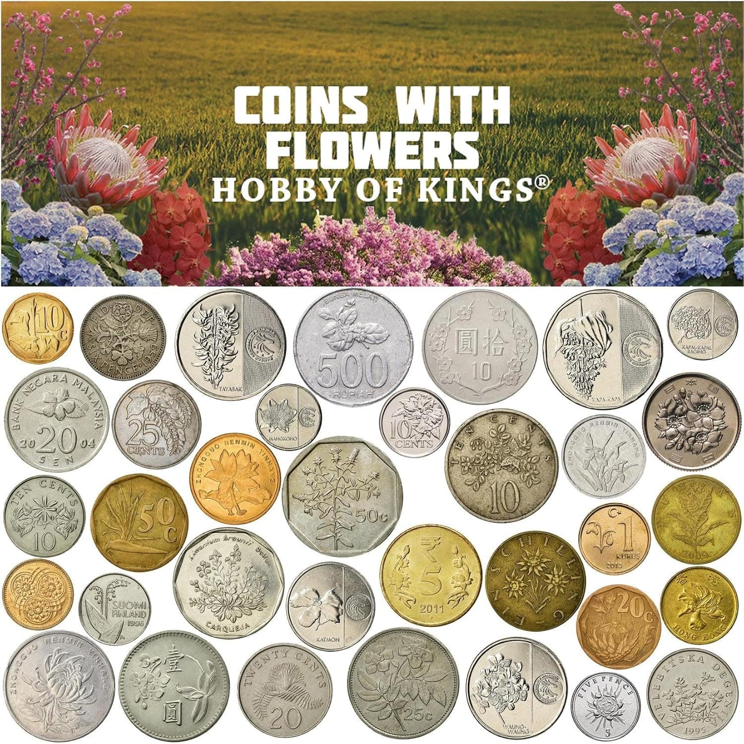 50 Different Coins with Flowers - Featuring Jasmine, Rose, Orchids, Tulips, Peonies, Lotus, Cherry Blossoms and More - Worldwide Coin Collection