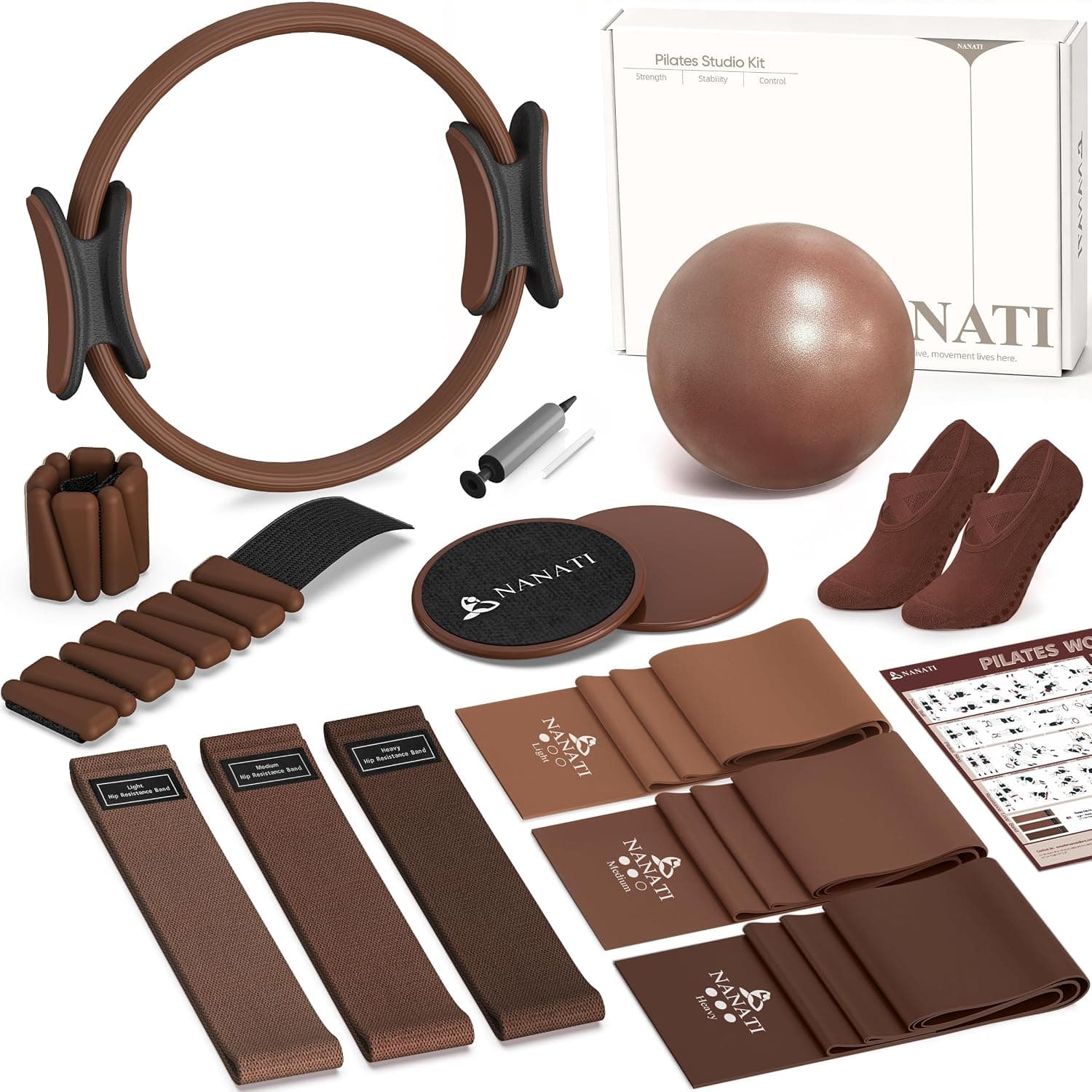 NANATI Pilates Kit, Home Pilates Workout Kit for Women, Pilates Equipment with 14.5"" Pilates Ring and Ball, Resistance Bands, Ankle Weights, Sliders & Grip Socks for Home Workouts