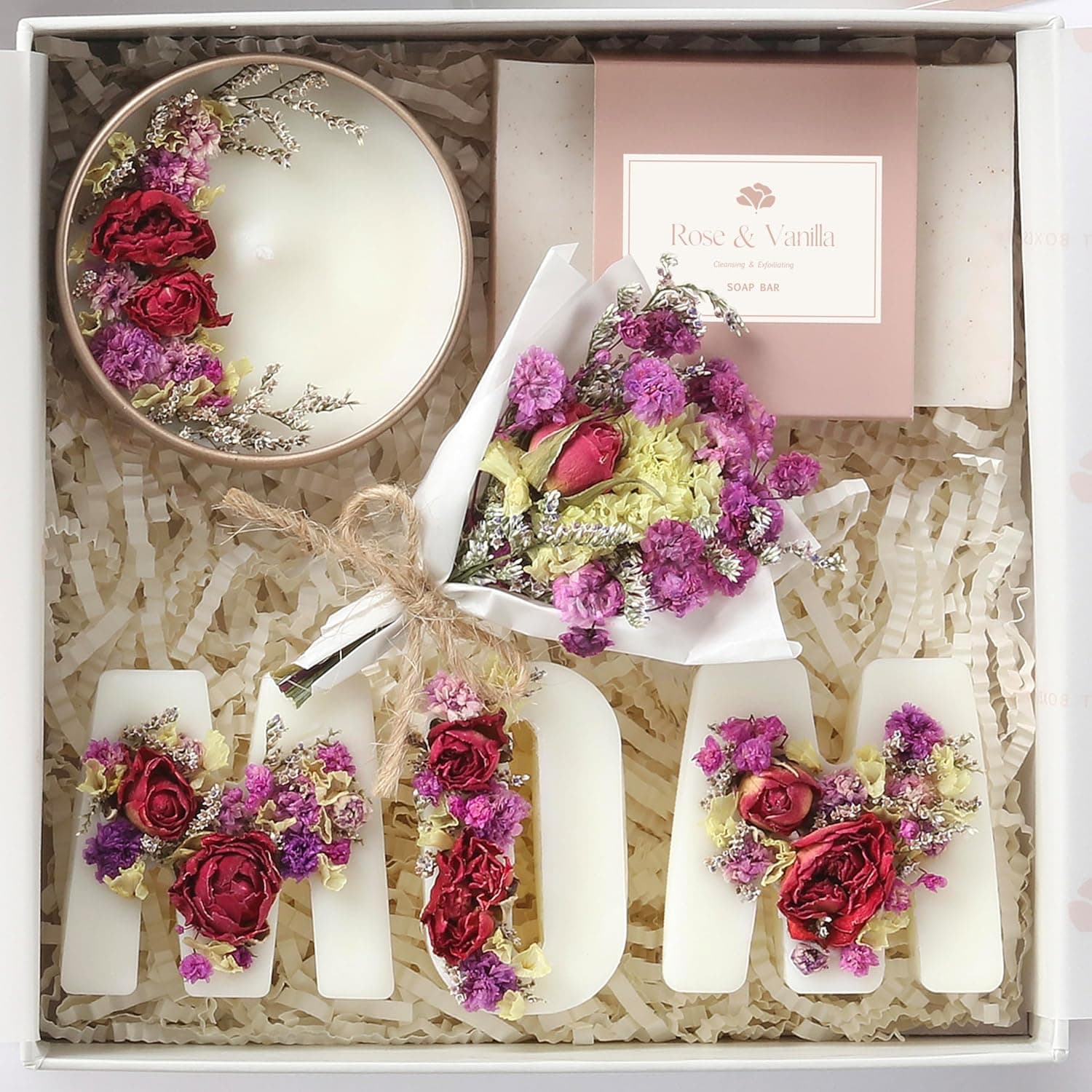 LaurGifts Handmade Birthday Gifts for Mom & Mothers-in-Law - Relaxing Gift for Mom - Rose & Vanilla Scented Candle and Soap Gift Box Set for Mother’s Day - Expecting Mom Gift - New Mom Gifts for Women | With Candle, Ready to Gift, Floral Keepsake, From Daughter or Son