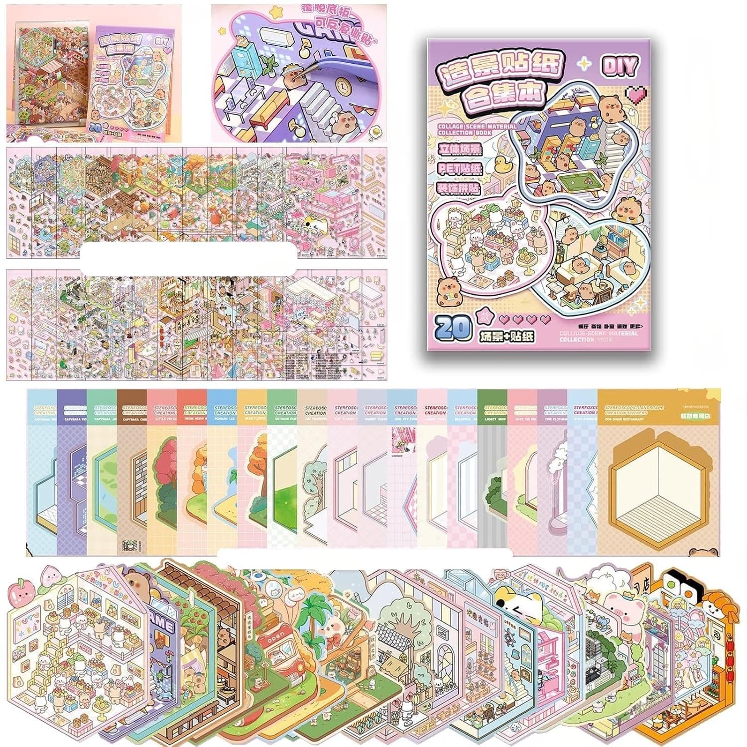 20 Sets 3D Scene Sticker Book for Adults, DIY Miniature Diorama Craft Kit for Stress Relief & Creative Hobby, Great Art with Water Park, Cake Shop, Outdoor Party and Flower Store Themes