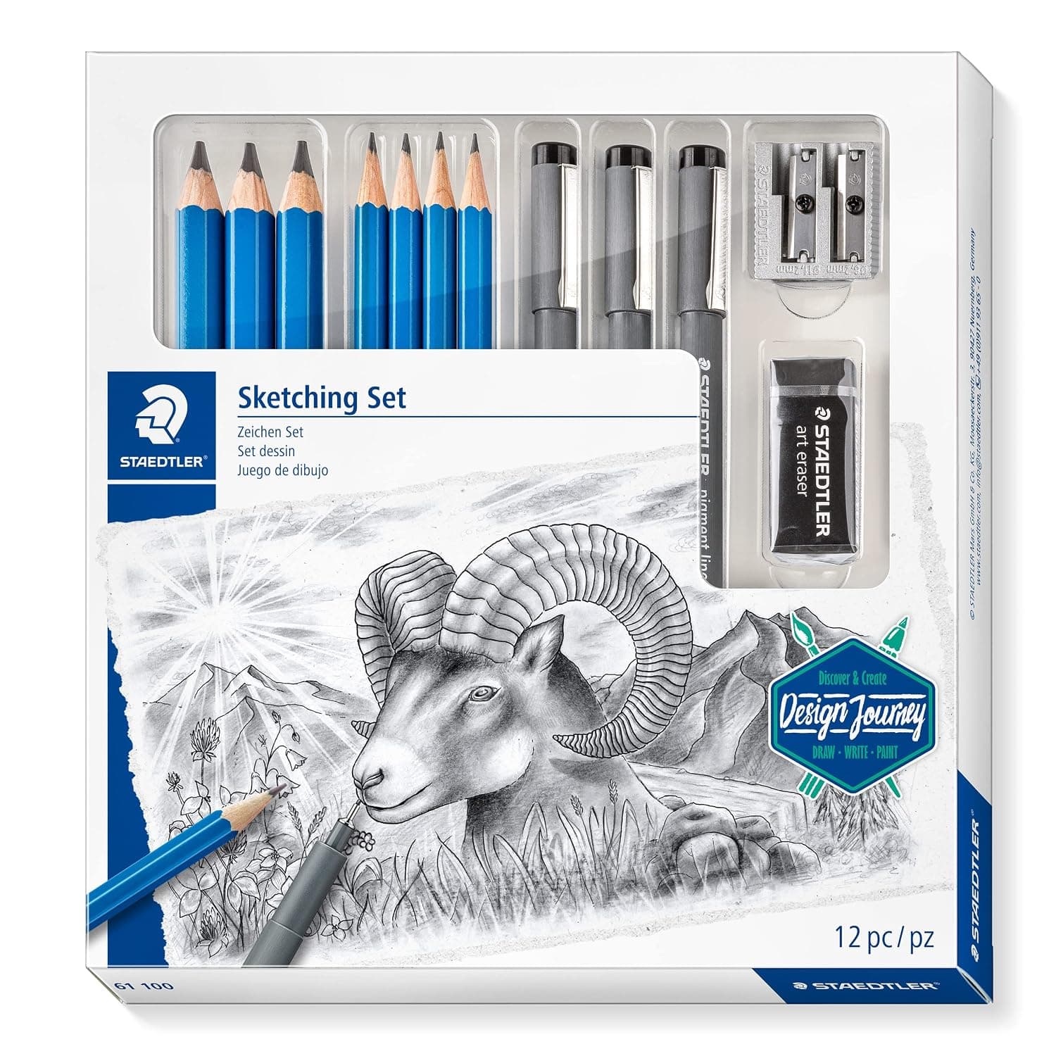 Staedtler Mars Lumograph Art Set|Drawing Kit With Art Pencils,Drawing Pens,Eraser&Double Hole Sharpener (61 100),Black