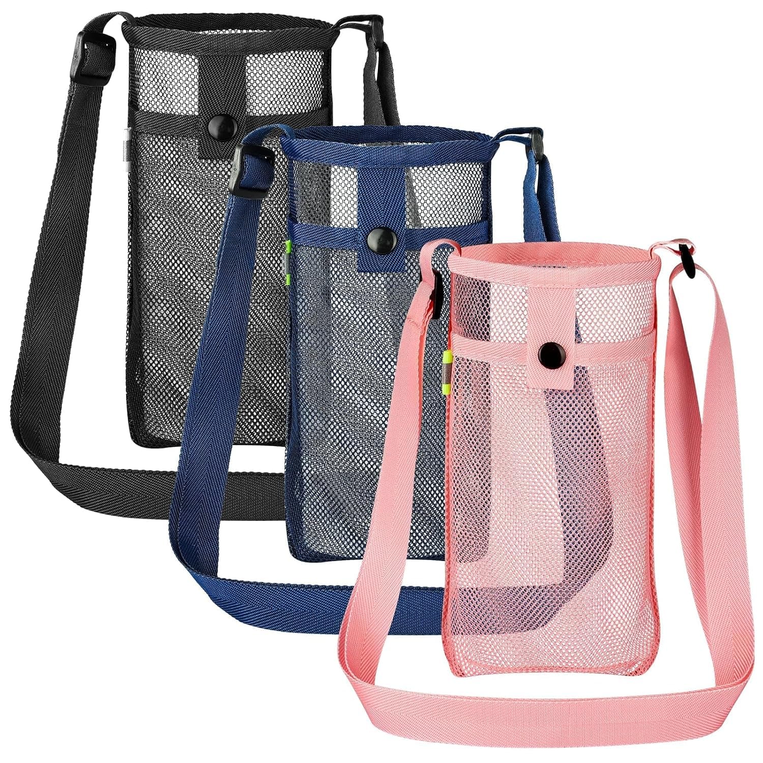 Water Bottle Holder, Water Bottle Carrier Bag Mesh, Water Bottle Sling with Adjustable Strap for Hiking Camping Walking Sports Gym, Can Fit Most Water Bottles, with A Night Reflective Strip(3Pack)