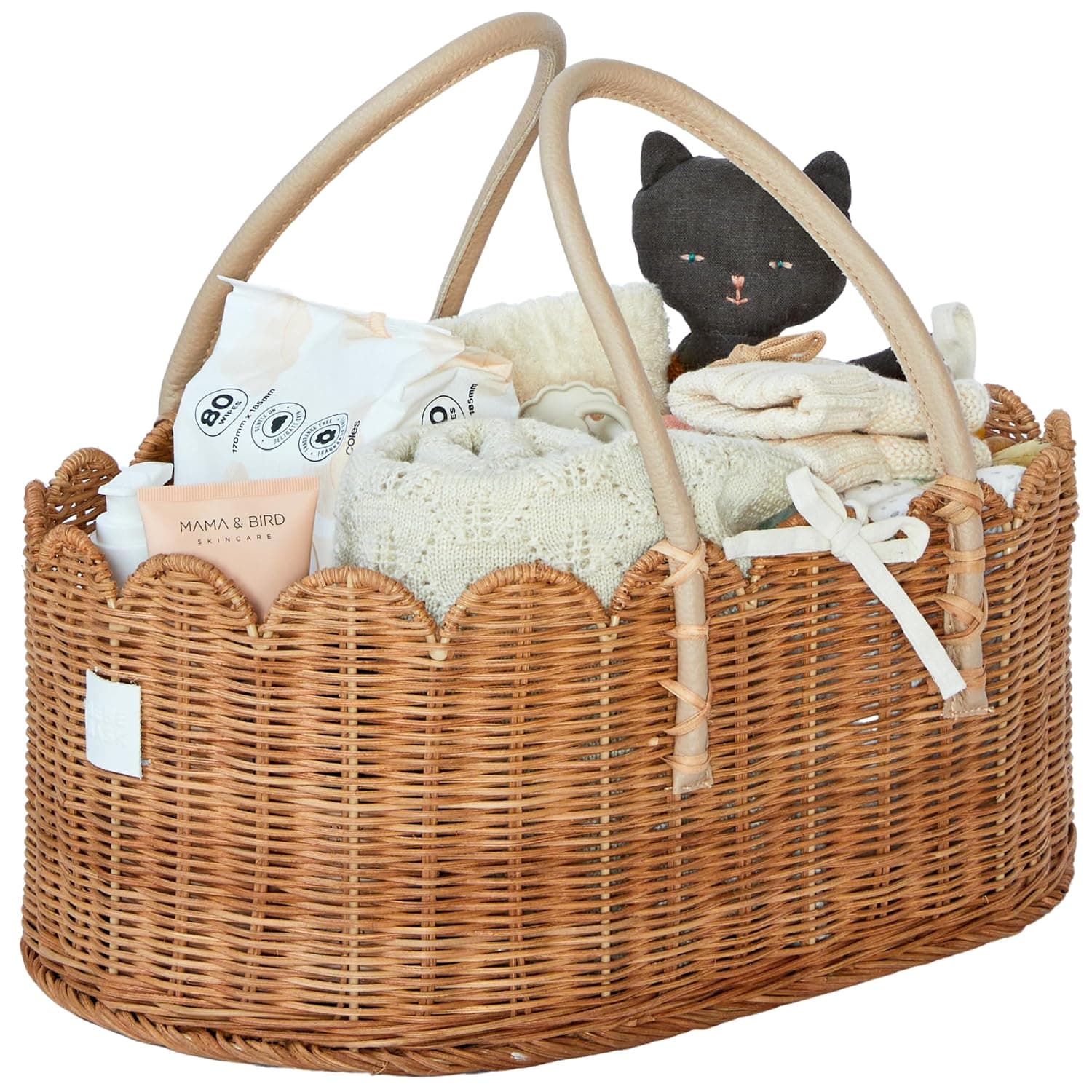 BEBE BASK Baby Diaper Caddy Organizer - Artisan-Crafted Scalloped Rattan Basket - Luxurious Diaper Caddy Basket - Elegant Scalloped Basket (Mocca) | Handmade & Award-Winning, Elegant Scalloped Edge, Newborn Essentials, Nursery Basket, Removable Divider, Baby Shower (Mocca)