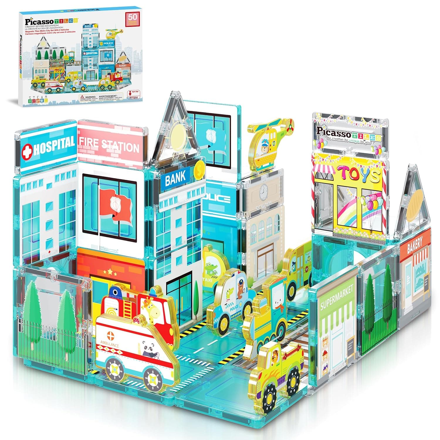 PicassoTiles Magnetic Tiles Building Construction Blocks Metro City Town Pretend Play Toy Set with 8 Magnet Car Vehicle Character Action Figures Preschool STEAM Learning Educational Kit Ages 3+ PTQ14 | 8 vehicles and figures, illustrated road and rescue scenes, imaginative role play, screen-free learning for curious minds