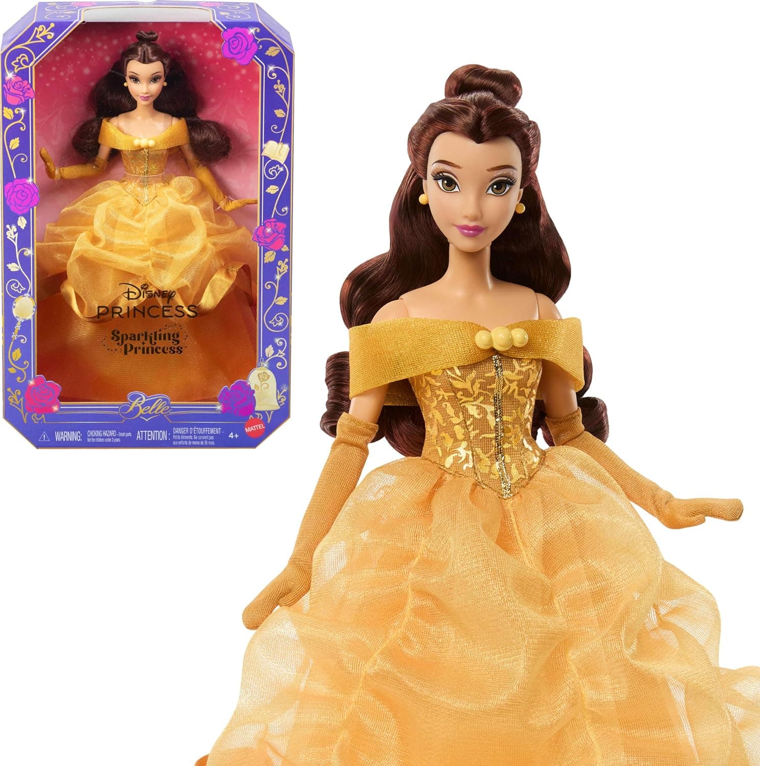 Mattel Disney Princess Belle Sparkling Princess Fashion Doll & Accessories w/Removable Dress, Shoes & Earrings, Inspired by Beauty & the Beast Movie