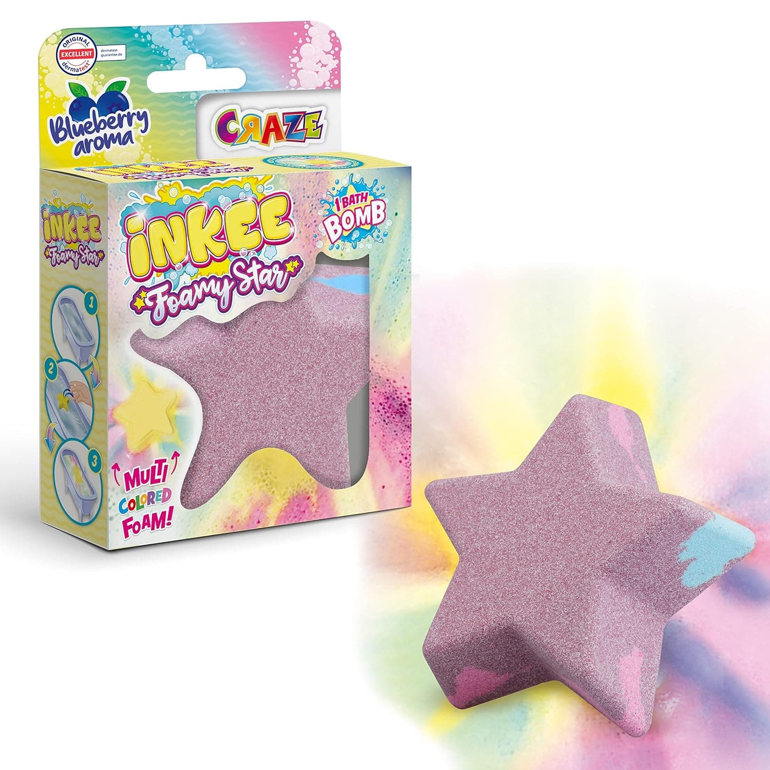 INKEE Craze Foamy Star Star Bomb Blueberry Foaming Child Toy Bath Balls Yellow or Purple Baby Bath 28070, Multi-Coloured | Foam bath in star shape, ideal as a bath toy and gift, creamy foaming bath additive for children, TÜV tested