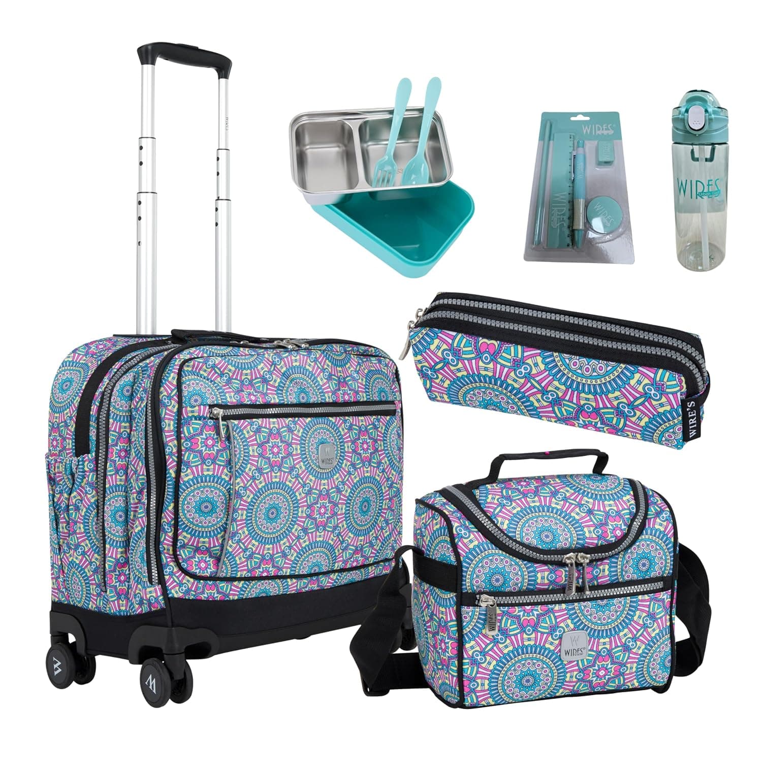 WIRES School Bag 3-Piece Set All-in-One8 Wheels Rolling Backpack with Pencil Case, Lunch Bag, and Trolley, Water Resistant Wheeled bag for School, College, Office-Unisex (W24587)