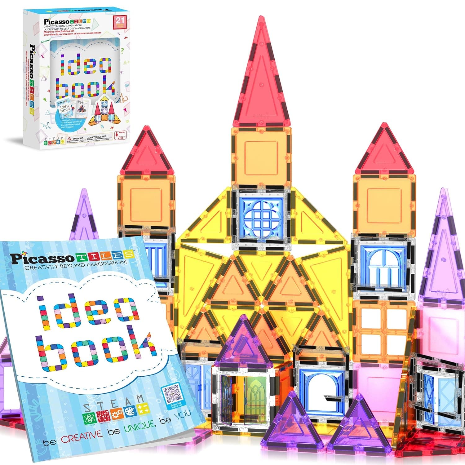 PicassoTiles Magnetic Tiles Magnet Tile Building Blocks Construction Set with 110+ Page IdeaBook Included STEM Learning Toys Toddlers Educational Fun Pretend Play Kids Boys Girls Sensory Toys Ages 3+