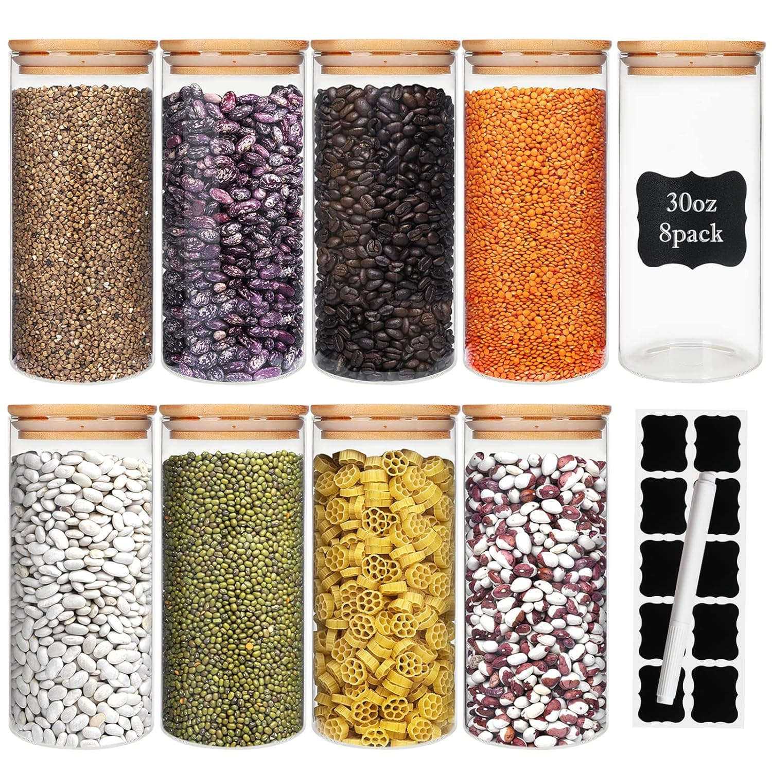 Glass Food Storage Containers Jars with Airtight Bamboo Lid 30 oz 8 pcs, 890 ml Pantry Organization Jar, Glass Terrarium with Lid, Spice, Flour and Sugar Container, Canister Set for Kitchen Counter