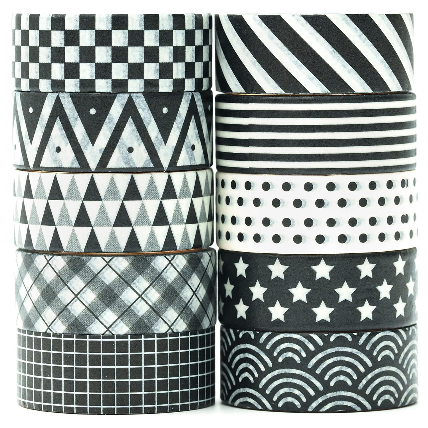 Basic Washi Tape Set 10 Rolls Black White Decorative Dot & Grid Masking Tapes for Journals, Planners, Scrapbooking, Gift Wrapping, DIY Crafts