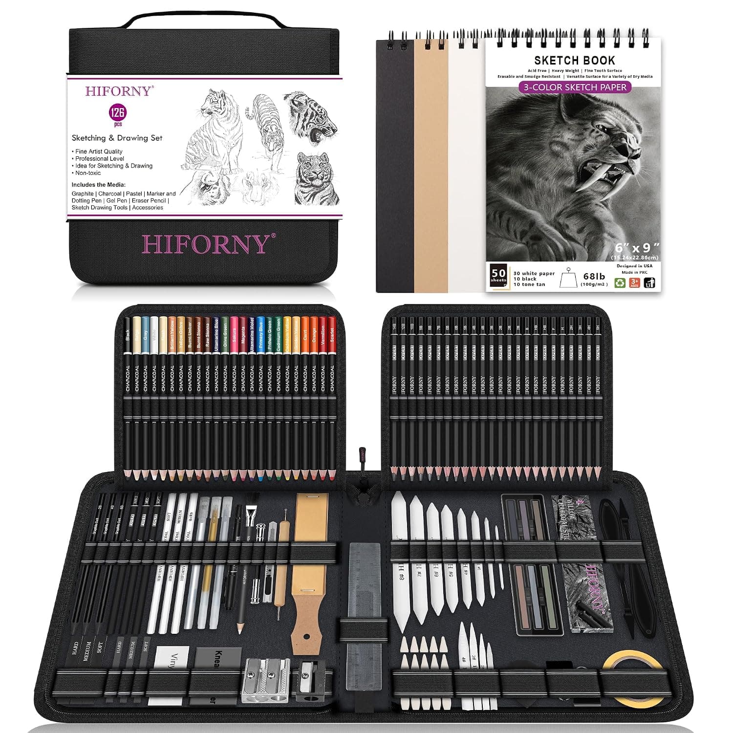 HIFORNY 126 PCS Drawing Kit Sketching Pencil Set,Sketch Pencils Art Supplies with 3-Color Sketchbook,Graphite,Charcoal,Blending and Drawing Tools,Drawing Pencils for Adults Artists in Zipper Case