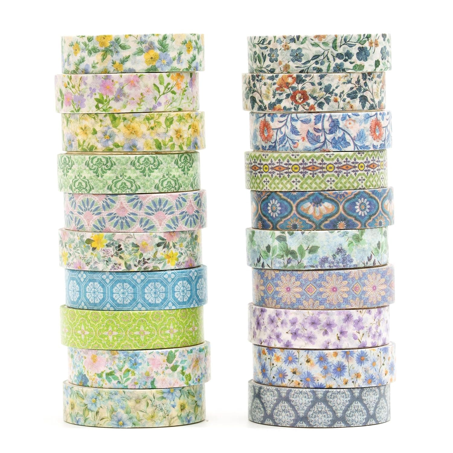 Spring Garden Washi Tape Set - 20 Rolls Floral Printed Adhesive Tapes Flowers Arts Decorative Masking Tape Sets for Craft, Kids, Scrapbook, DIY, Gift Wrapping (Sunny Bloom)