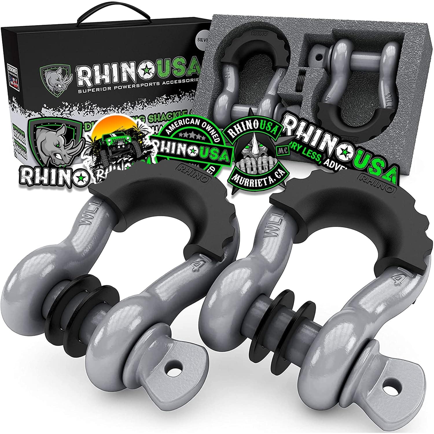 Rhino USA D Ring Shackles (2-Pack) - 41,850lb Break Strength – Heavy Duty 3/4" Clevis Shackle with 7/8 Pin for Towing & Off-Road Use - Pairs with Tow Strap for Vehicle Recovery (Gray)