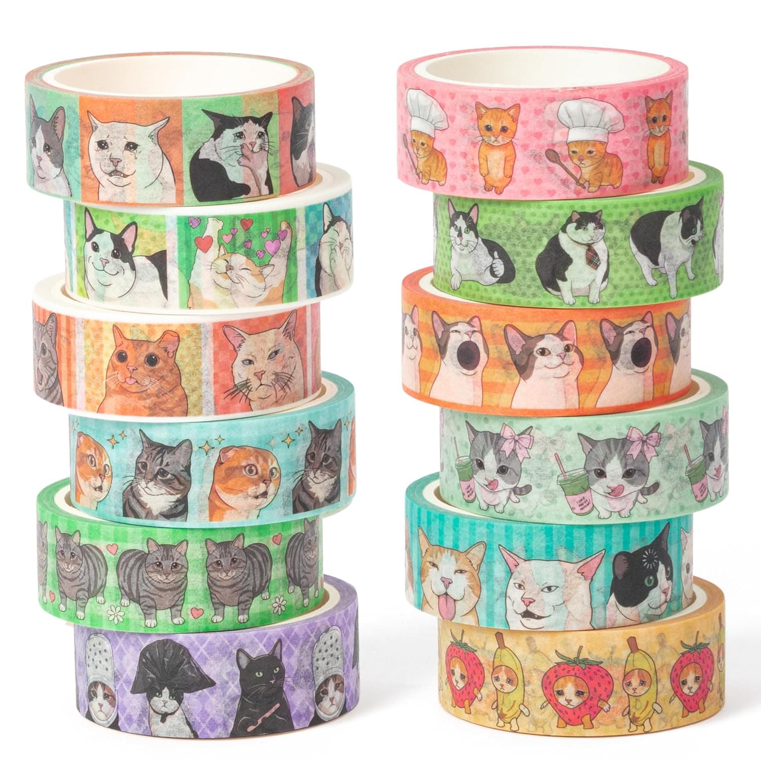 Cat Meme Washi Tape - 12 Rolls Cute Kitten Decorative Tape Set | Kawaii Pet Scrapbook Journal Diary Supplies, Funny Animal Wrapping Decoration, DIY Paper Art Crafts, Birthday Holiday Gifts