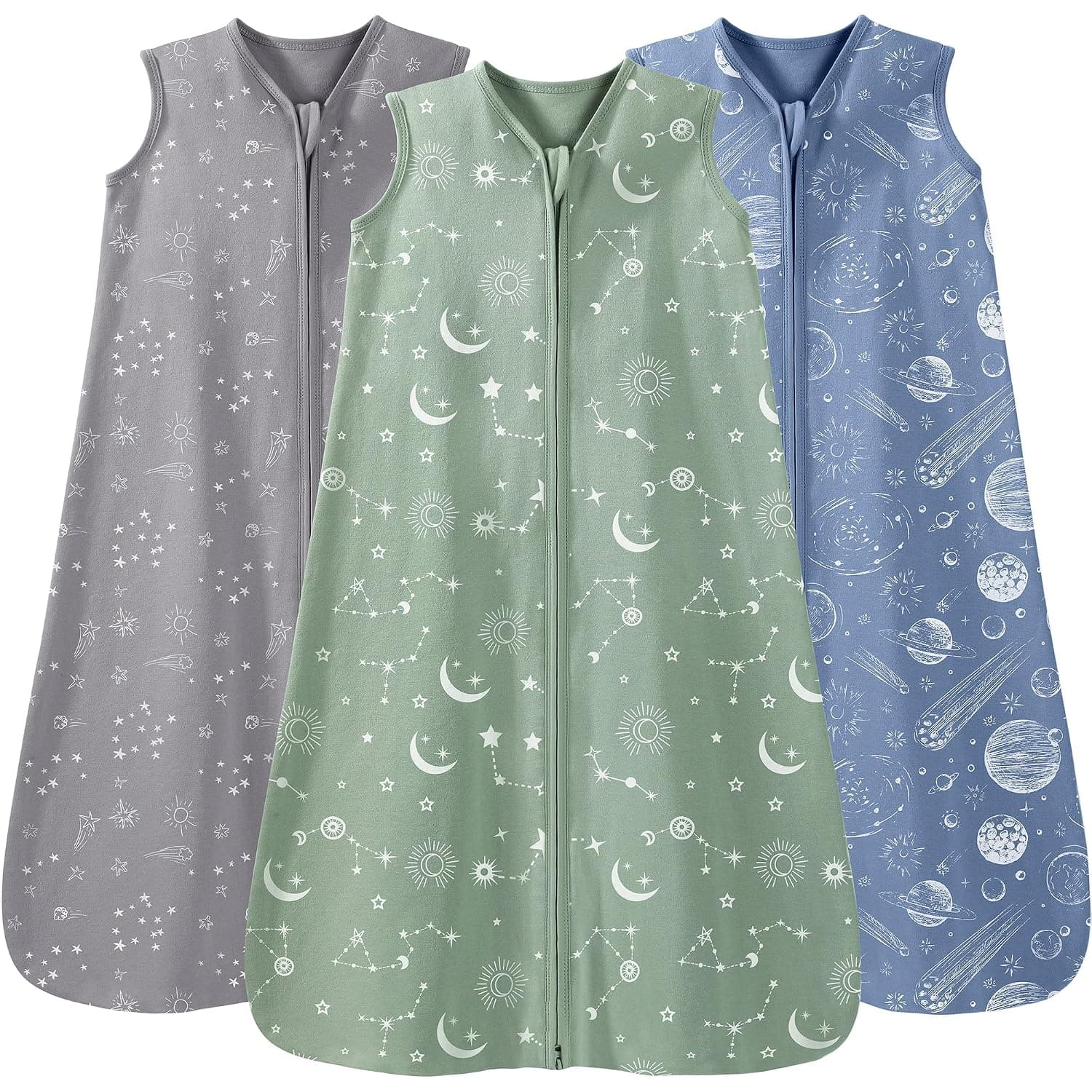 Unnivoll Pack of 3 Baby Summer Sleeping Bags, 0.5 Togs, 100% Cotton Summer Sleeping Bag, Baby Sleeping Bag, 0-6 Months, 67 cm for Boys, Girls, Newborns, Grey, Green Constellation