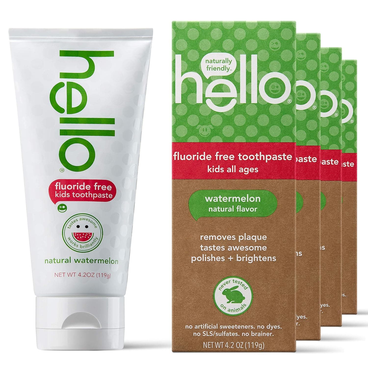 Hello Oral Care Kids Fluoride Free Toothpaste for 3 Months+, Gluten Free and SLS Free, Natural Watermelon, 4 Count