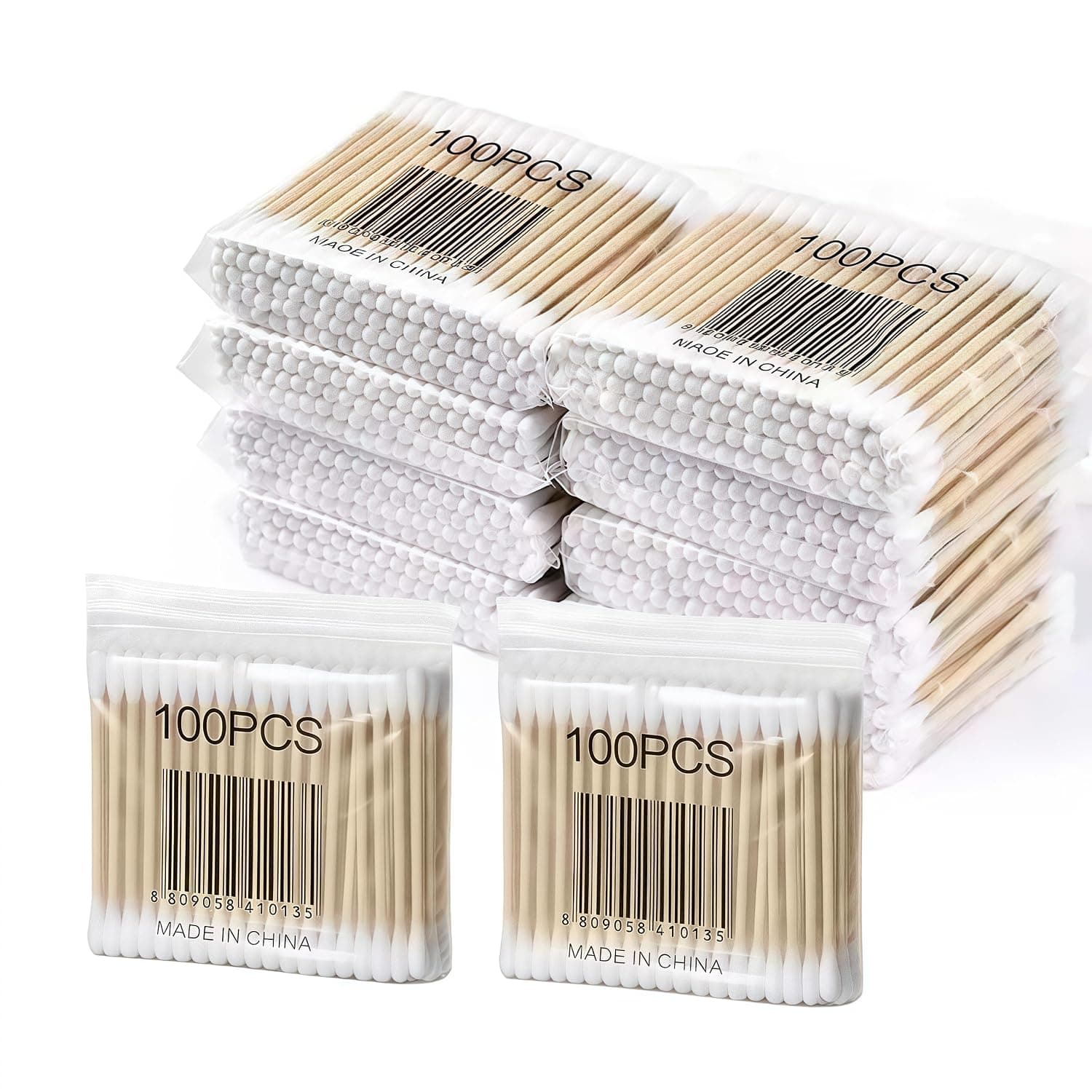 1000 pcs Wooden Cotton Buds Bamboo Cotton Swabs Double-Tipped Round Thick Tips Q-tips Safety Swabs For Ears Makeup Nails and Daily Use 10pack*100pcs