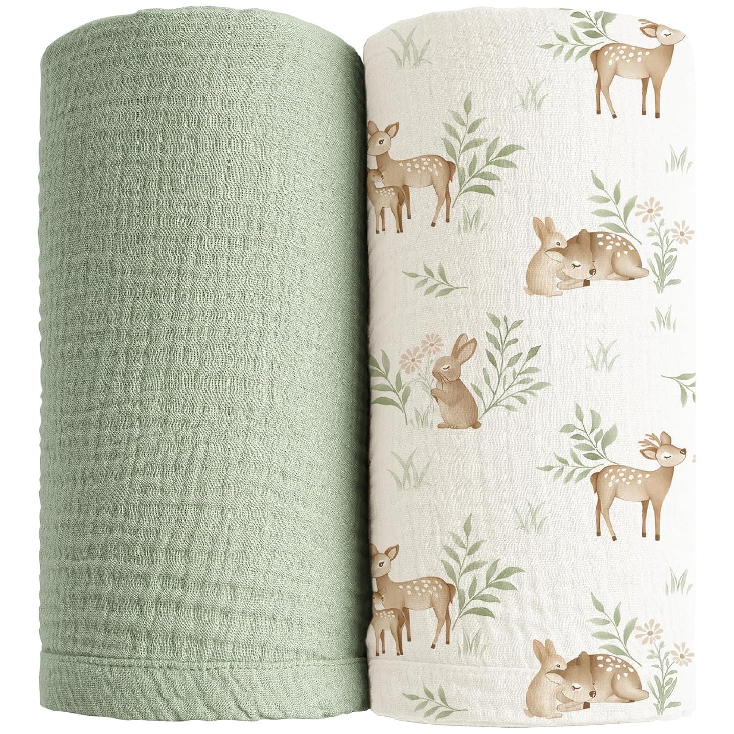 Konssy 2 Pack Muslin Swaddle Blankets, 100% Cotton Receiving Blanket Large 47 x 47 inches for Baby Boys Girls, Soft Breathable Muslin Baby Blanket for Newborn (Woodland,Sage) | 2 Pack, Ultra Soft & Lightweight, Perfect for Receiving & Swaddling, Newborn to Toddler, Boys & Girls (Woodland,Sage)