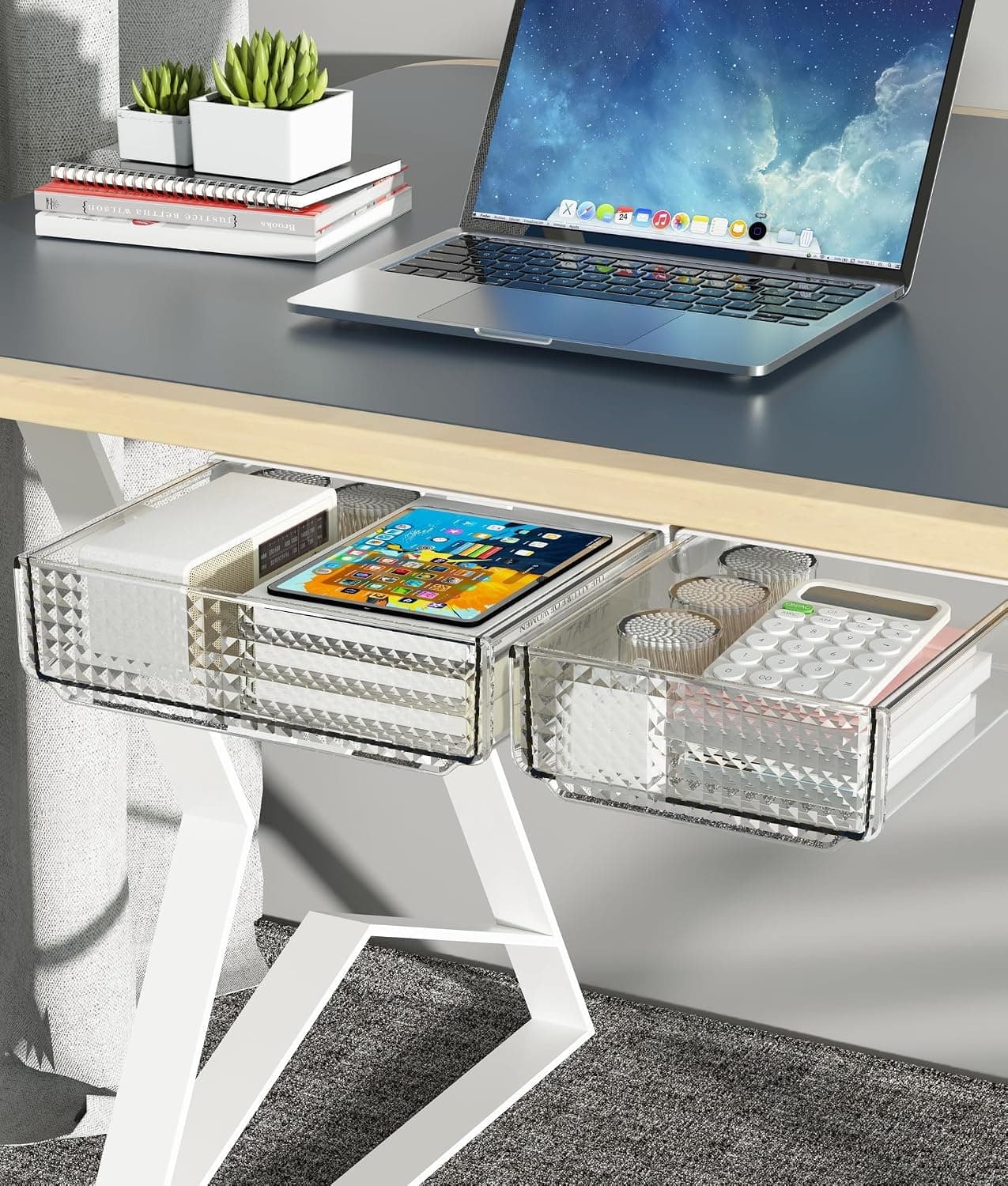 2 Pack Under Desk Organizer, Self-Adhesive Slide-Out Under Drawer for Desk Accessories & Workspace, Office, Kitchen & Makeup Storage