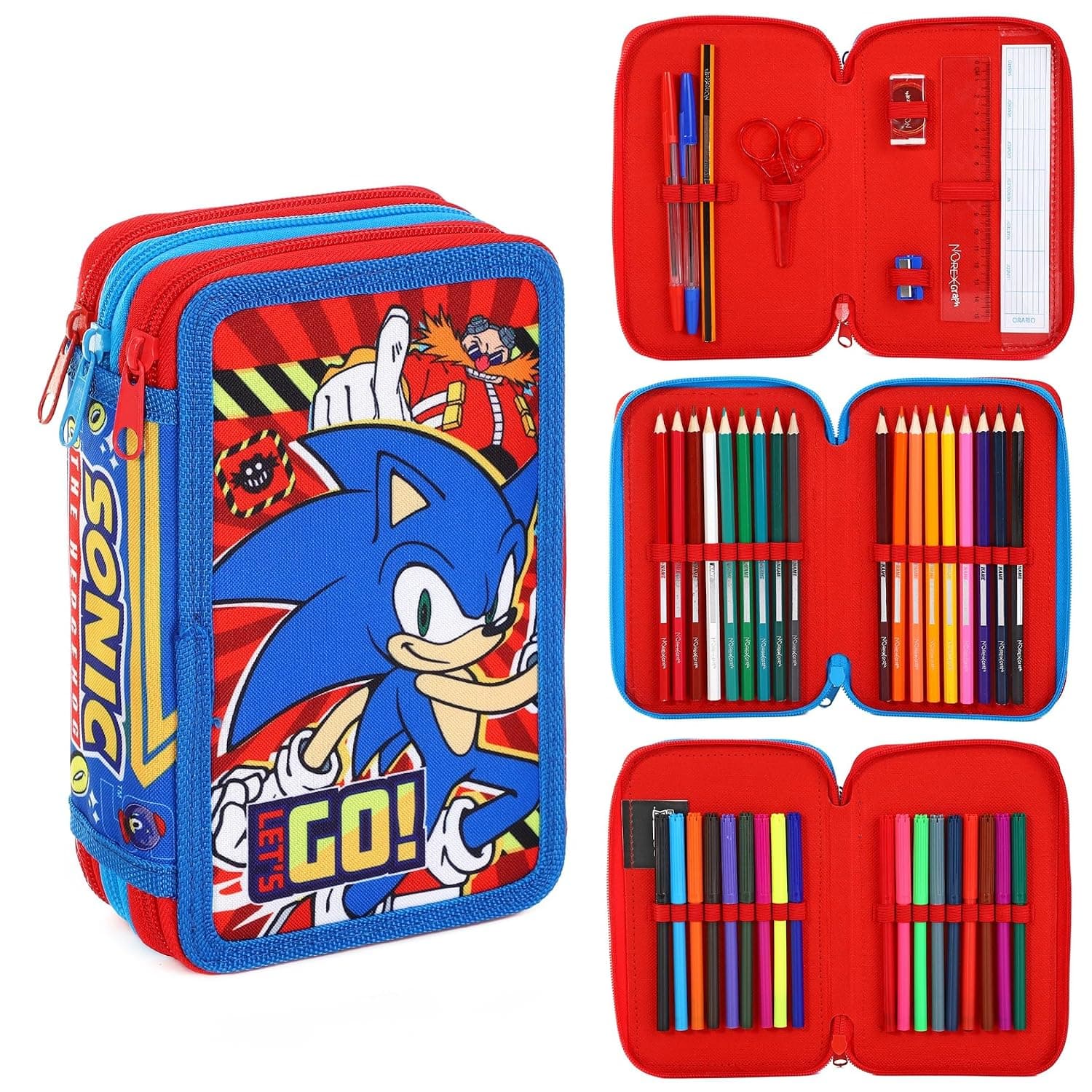 Sonic Filled Pencil Case Full Stationery School Supplies Set for Kids 3 Tier with Pens, Pencils & Markers Sonic The Hedgehog Boys Character Theme Set