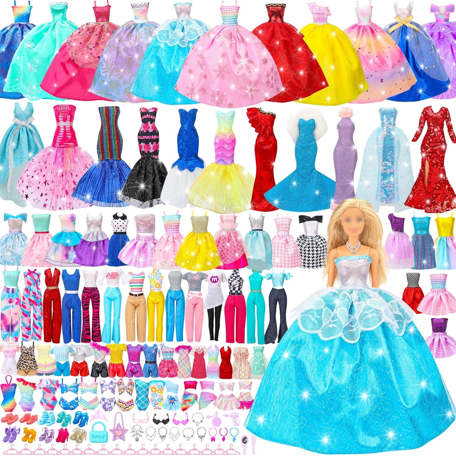 70PCs Doll Clothes Gift Set for 11.5" Dolls & Barbie – 4 Wedding Gowns, 2 Evening Dresses, 8 Fashion Dresses, 6 Casual Outfits, 2 Swimsuits, 10 Shoes, 20 Accessories, 18 Hangers, Age 3+