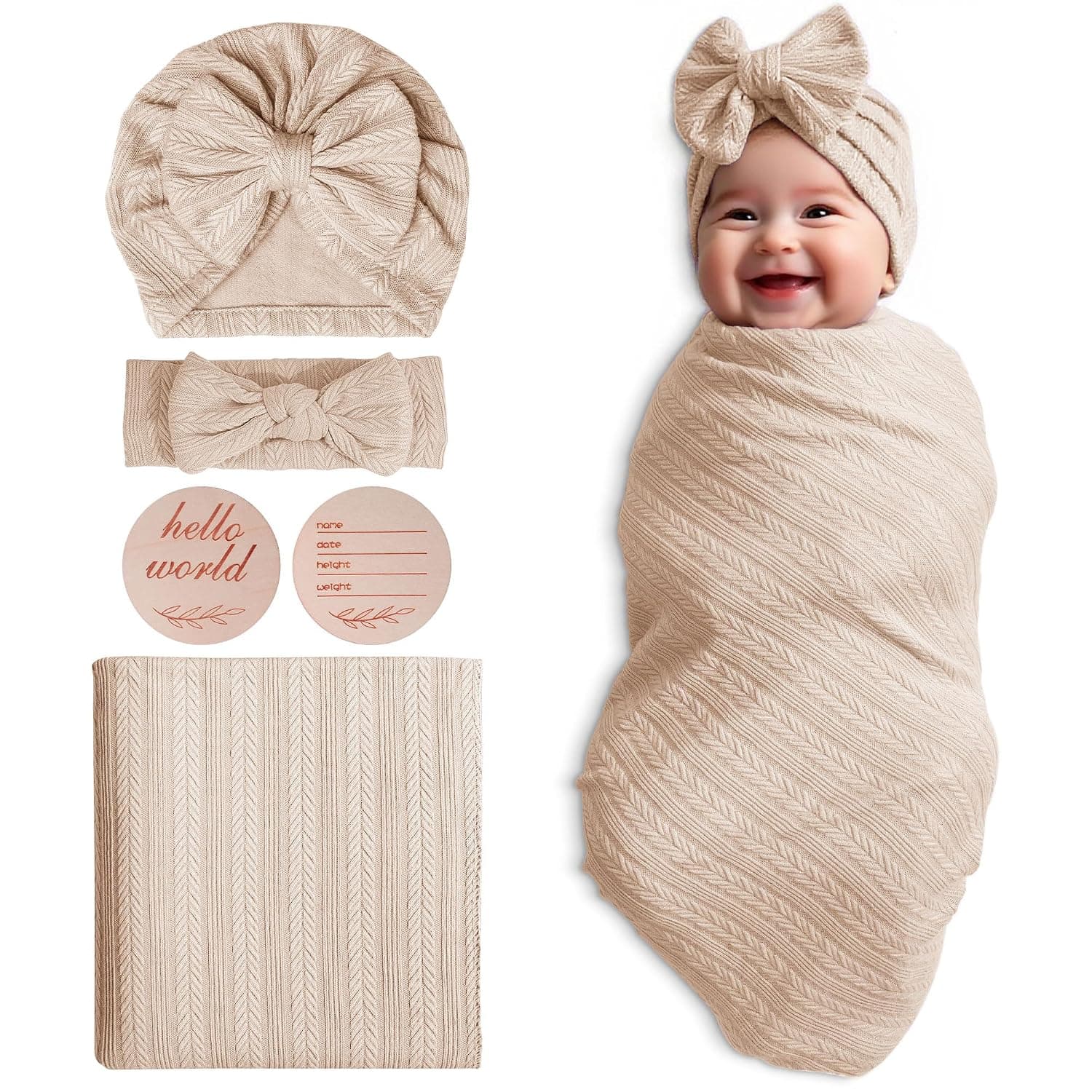 Baby Swaddle Set Newborn - Receiving Headband Blankets and Bow Hat,Newborn Essentials, Soft Nursery Swaddling Blankets,Stretchy Baby Blankets for Girls and Boys Unisex(Light Brown)