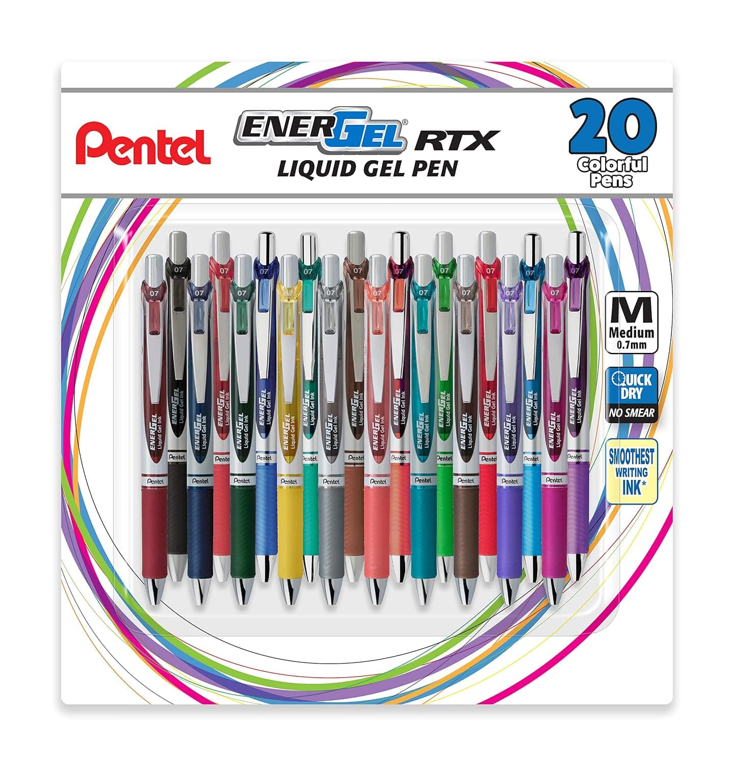 Pentel EnerGel RTX Retractable Liquid Gel Pen, (0.7mm), Medium line, Assorted Ink, Pack of 20 (BL77BP20M)