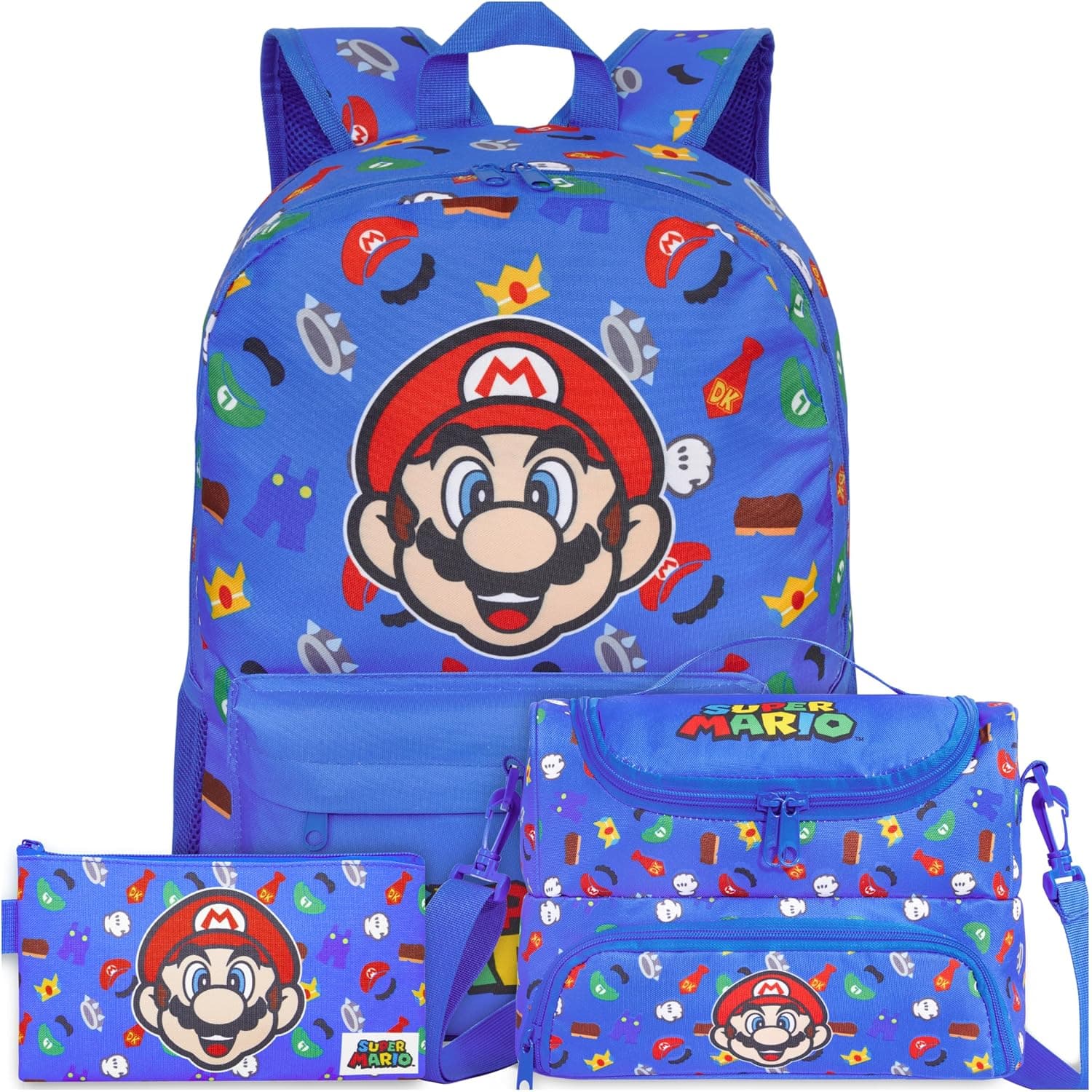 Get Trend Super Mario Boys Backpack, Lunch Bag & Pencil Case, 3 Piece Set | 18in Bookbag, Adjustable Padded Straps, Lightweight Insulated Lunch Bag, Pencil Pouch, School Supplies, Gamer Gifts for Boys