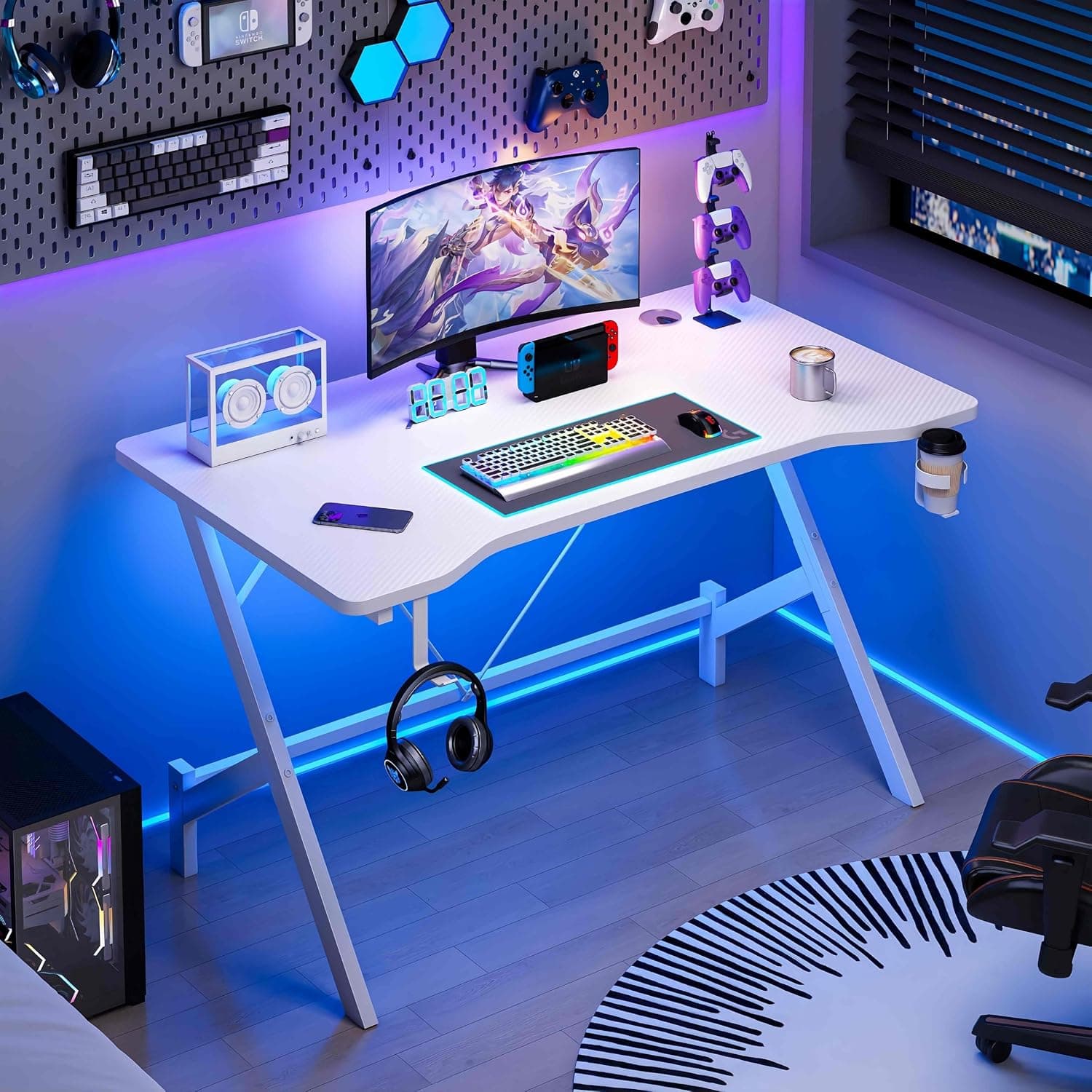 JOYSEUS Carbon Fiber Gaming Table, Office Desk with Headphone Hook, Cup Holder and Cable Management Design, Stable Y-Shaped Leg Study Desk for Home and Work (white)
