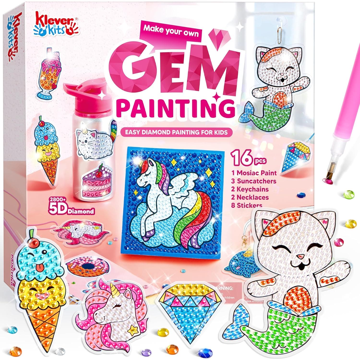 Klever Kits 16 Projects Gem Art, Diamond Painting Kits for Kids, Arts and Crafts for Girls Ages 6-12, Unicorn Diamond Art Craft Kits, Make Your Own GEM Keychains
