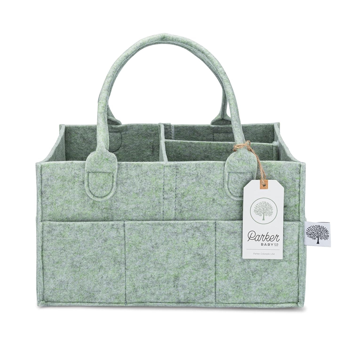 Parker Baby Co. Diaper Caddy - Nursery Storage Bin and Car Organizer for Diapers and Wipes (Sage, Regular) | Portable nursery storage bin for diapers, wipes, bottles & baby essentials for home/car. Soft felt, foldable design 13x9x7"