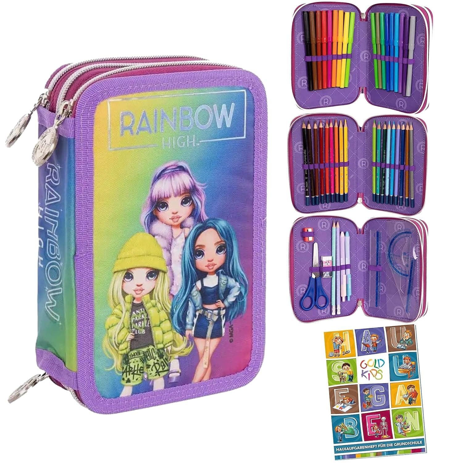 Pencil Case 3 Compartments Girls Rainbow High Silver Style Motif Pencil Case 46 Pieces Filled Pencil Case Pens and Brushes Including Home Exercise Book Pencil Box Case School Case 1st Class