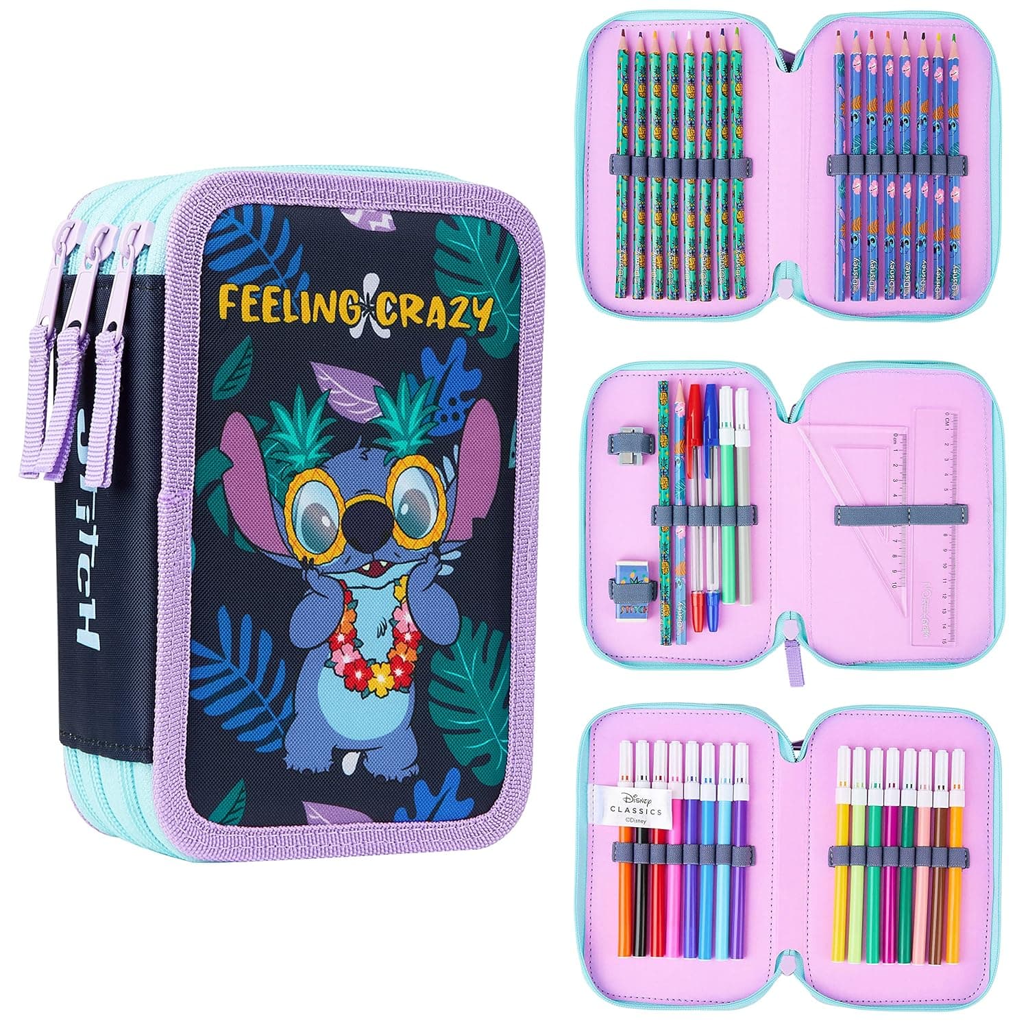 Disney Stitch Pencil Case with Stationery for Girls Pencil Case with Filling Frozen School Supplies Coloring Pencils Colorful Markers Stitch Gifts for Girls (Stitch Triple Zip)