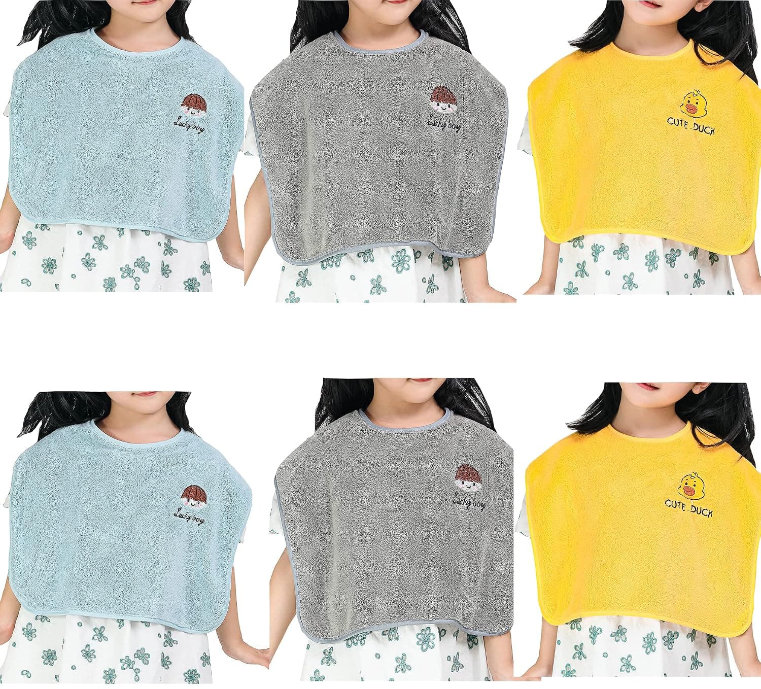6 Packed Baby Bibs for Girls or Boys 12-18 Months, Large Towel Bibs for Toddler 1-6 Years with Gift Box Packed(2 blue grey yellow)