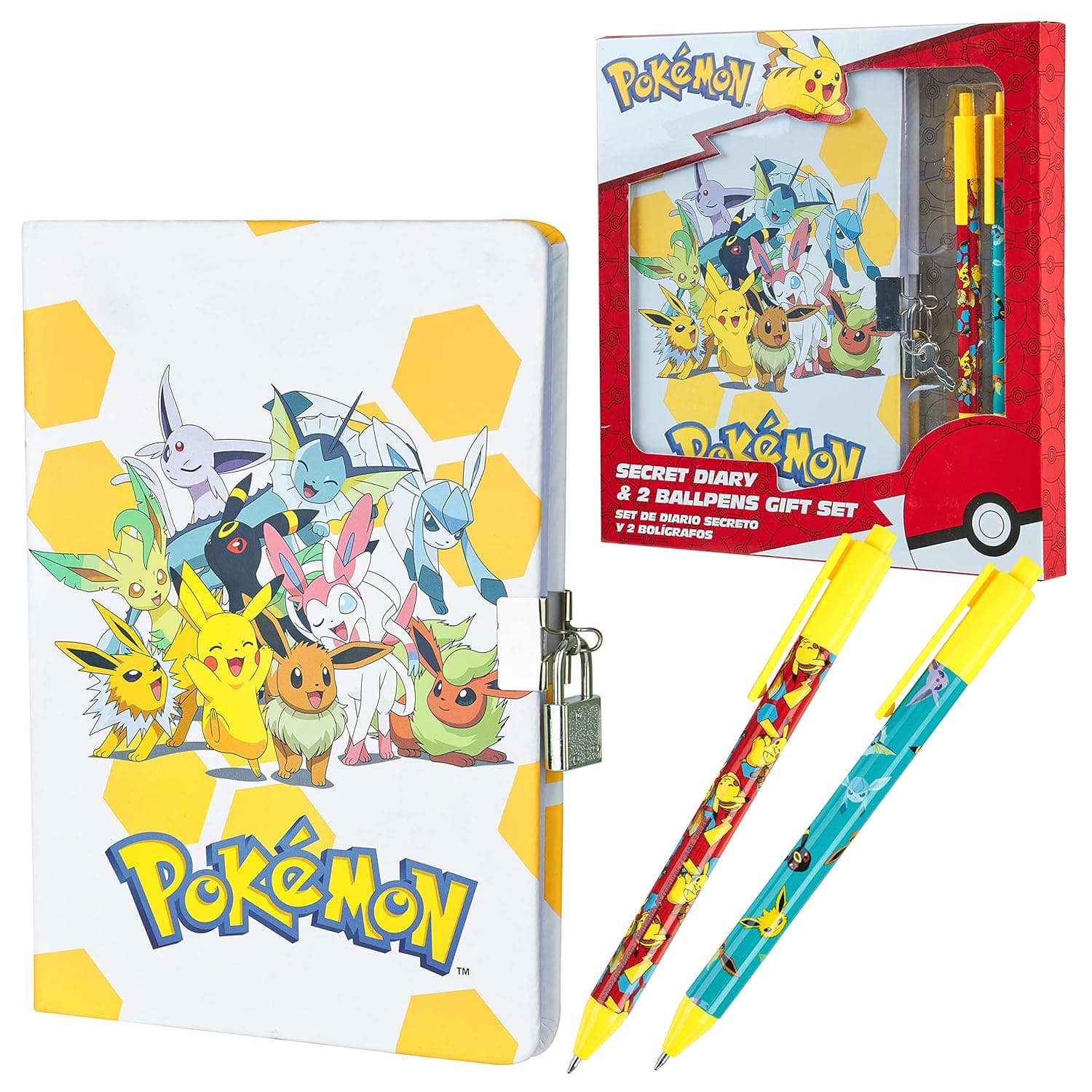 Pokemon Notebook and Ballpoint Pen Children's Stationery Set Diary Pikachu School Accessories Anime Gifts for Boys and Girls (Yellow/White Notebook Set)