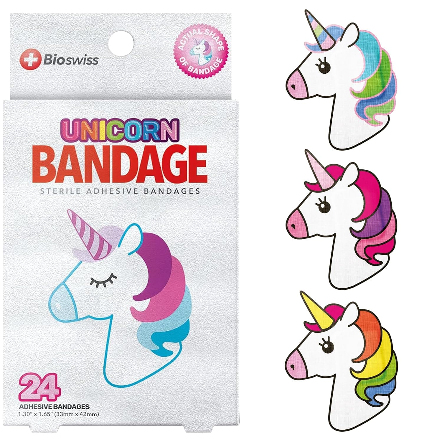 BioSwiss Kids Bandages, Unicorn Shaped Self Adhesive Bandage Set, Latex Free, Sterile Wound Care, 24 Count