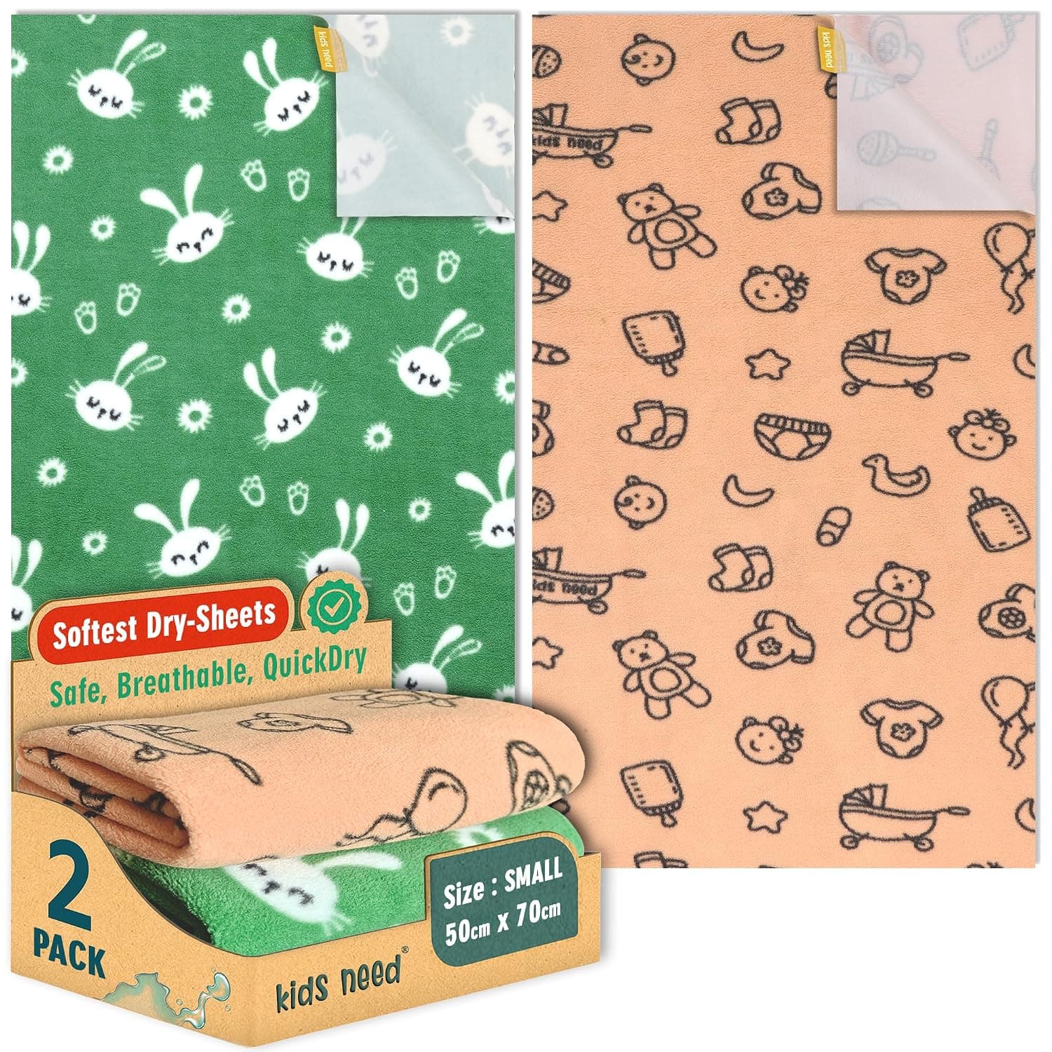 Kids Need Super Soft High Absorbent Dry Sheet for new Born Baby (Small 50X70cm) Premium Breathable 2 Pack Waterproof drysheet Baby Bed Protector Sheet (D1s)