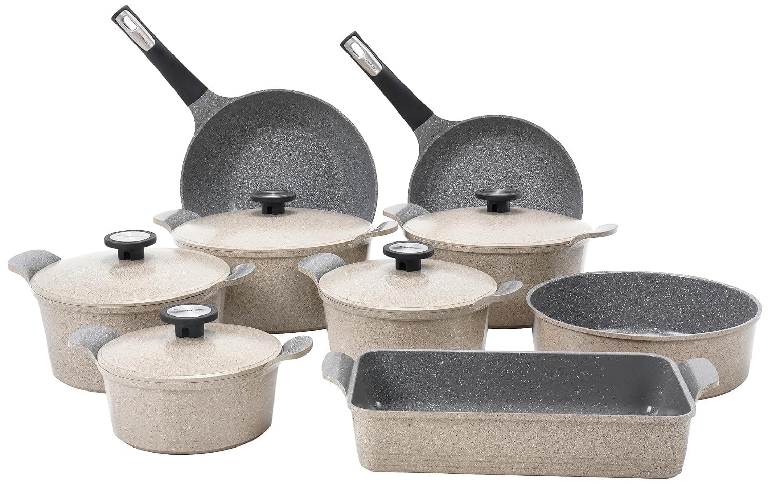 Neoflam Xterma Granite Non-Stick Cookware Set 14 Pieces, Oven Safe, Gas Stove, Beige