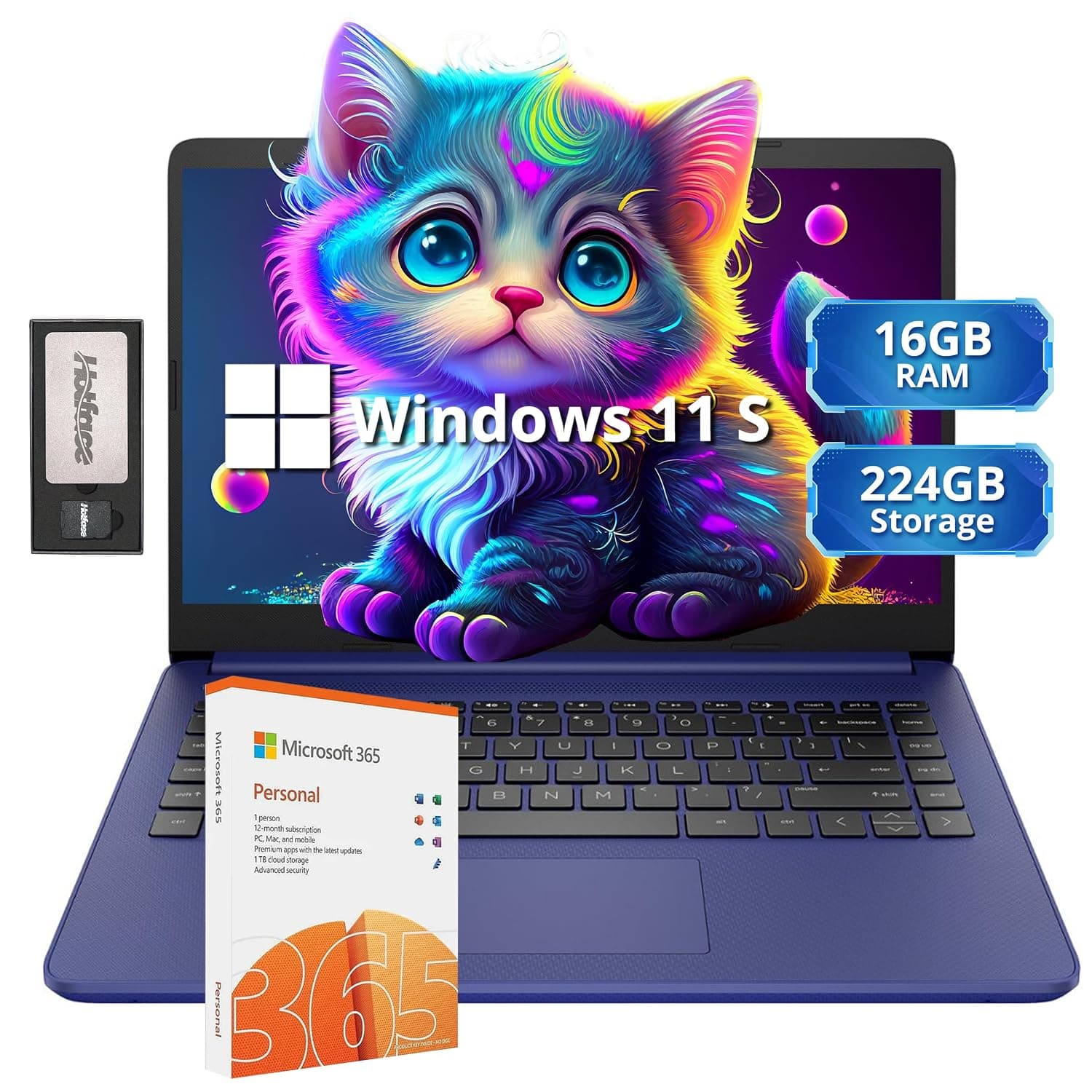 HP Stream 14" HD Lightweight Laptop, Intel Celeron N4120, 16GB RAM, 224GB Storage(64GB eMMC + 160GB Docking Station), Intel UHD Graphics, HD Webcam, 1 Year Office 365, WiFi, Bluetooth, Win 11s, Blue