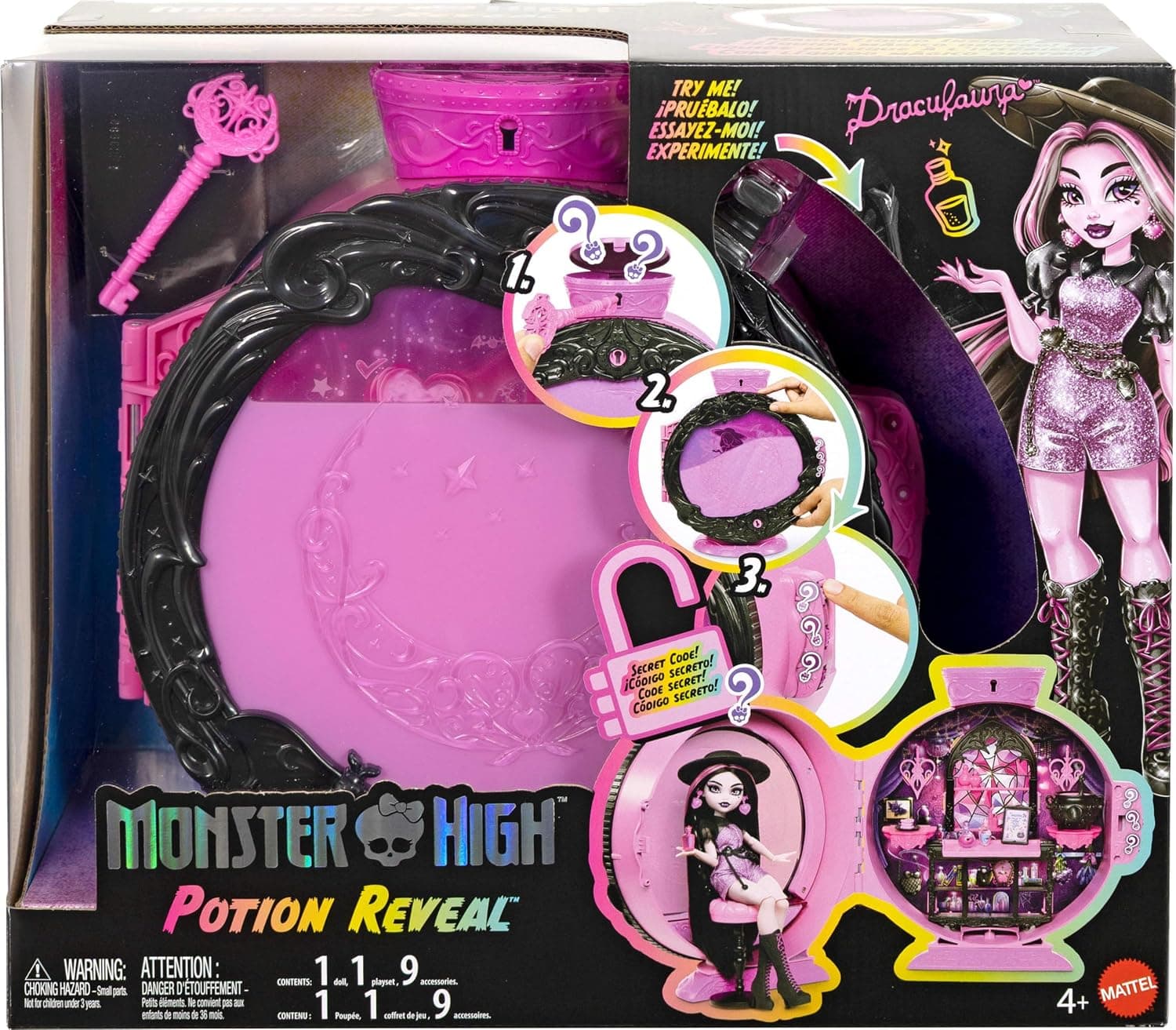 Monster High Magic Potion Surprise Playset with Draculaura Doll and 9 Accessories such as Hat, Potion Bottle and Cauldron, Unpacking Experience with Key and Secret Code, JKD76