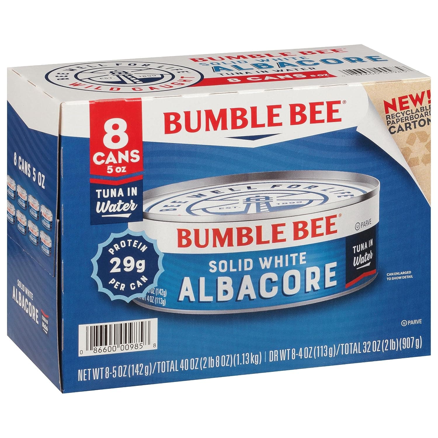 BUMBLE BEE Solid White Albacore Tuna in Water, Canned Tuna Fish, High Protein Food, Keto, 40 Ounce, Pack of 8