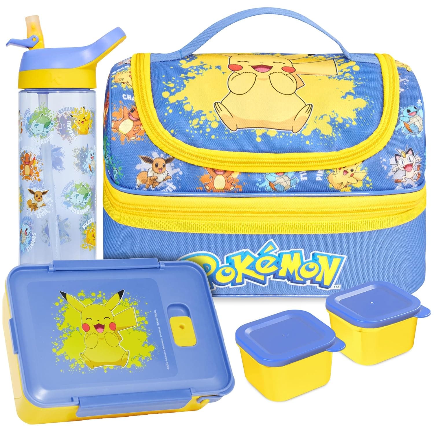 Get Trend Pokemon Insulated Lunch Bag Set, 3-Piece Kids Bento Lunch Box with 2 Pots, 600ml Water Bottle & Food Carrier, BPA Free Bento Snack Box Set, Travel Picnic School Supplies (Blue/Multi Pokemon)