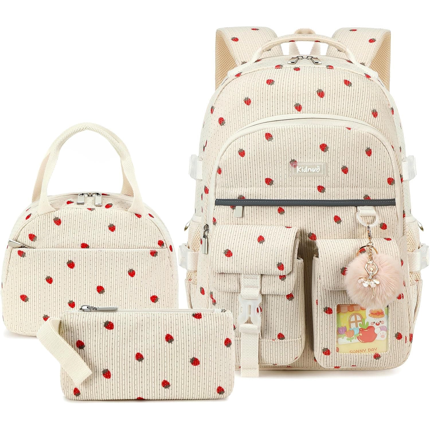 Girls Backpack,3pcs Corduroy Backpacks with Lunch Box Pencil Case Pouch Set 15.6 Inch Laptop Bag Student Bookbag