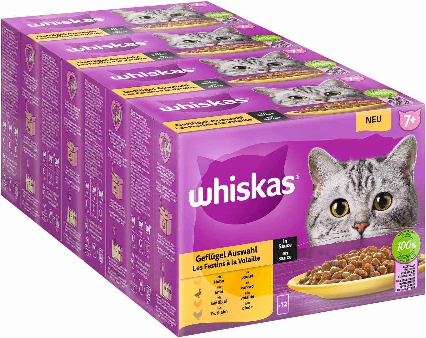 Whiskas Senior Cat Food Poultry Selection in Sauce, 4 Packs x 12 x 85g Wet Food for Older Cats, 48 Portion Bags