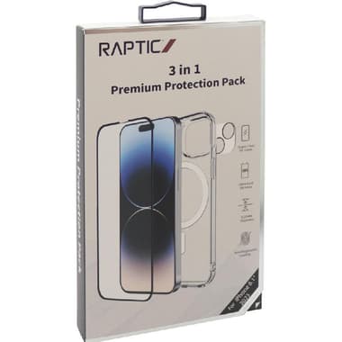 Raptic Premium Protection Pack Clear Case + Tempered Glass + Camera Lens Protector Smartphone Case Bundle
for iPhone 15, Clear