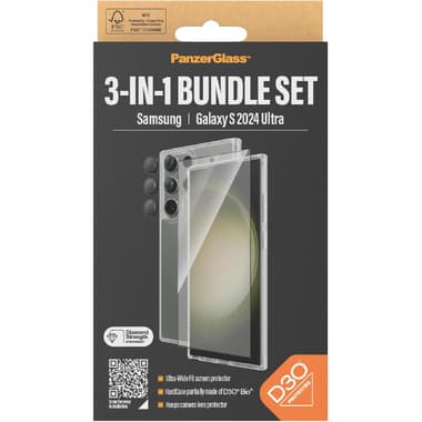 PanzerGlass 3-in-1 Protection Pack Hard Case with D3O Protection + Screen Protector + Hoops Camera Lens Protector Smartphone Case Bundle
for Samsung Galaxy S24 Ultra, Clear
