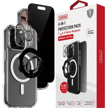 Techpick 4-in-1 Protection Pack Clear Case + Privacy Tempered Glass + Camera Lens Protector + Magnetic Stand Smartphone Case Bundle
for iPhone 16 Pro, Clear