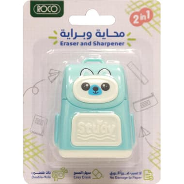 Roco Rubber Eraser
School Bag Design with Single Hole Sharpener, Blue